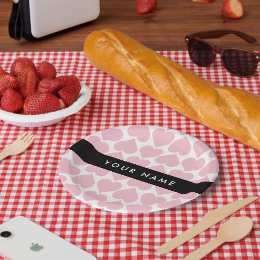 Roze harten, Romantisch, Jouw naam, Personaliseer Papieren Bordje (Picknick)