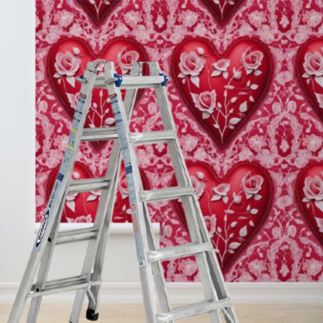 Roze Harten Rozen Wit Kant Peel Stick Behang (Pink Hearts Roses White Lace Peel Stick Wallpaper)