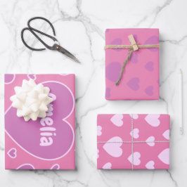 roze harten set van 3 inpakpapier vel