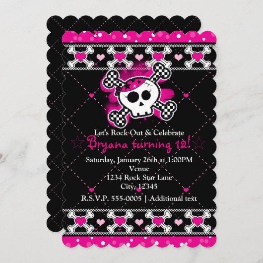 Roze Harten, Skull & Crossbones Party Uitnodiginge Kaart (Voorkant / Achterkant)