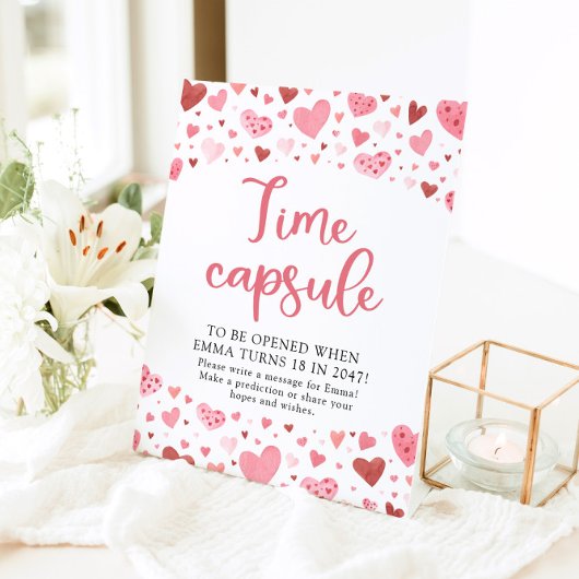 Roze Harten Valentijn Tijd Capsule Baby shower Reclamebord Met Voetstuk