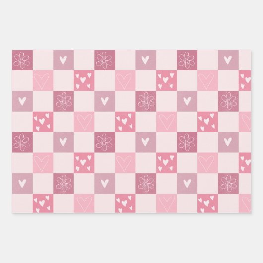 Roze harten Valentijnsdag Love Retro Checker Inpakpapier Vel (Voorkant)