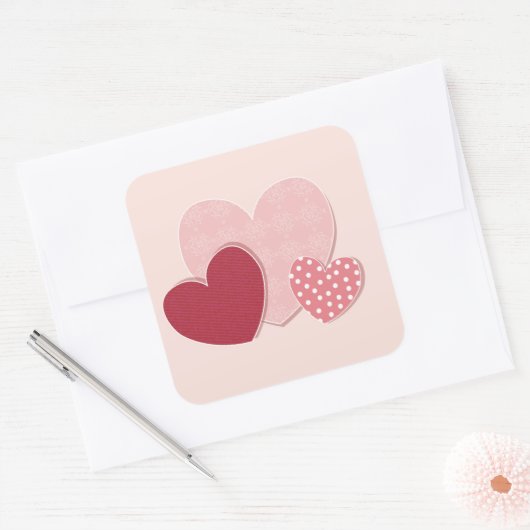 Roze hartenpapiersticker vierkante sticker (Envelop)