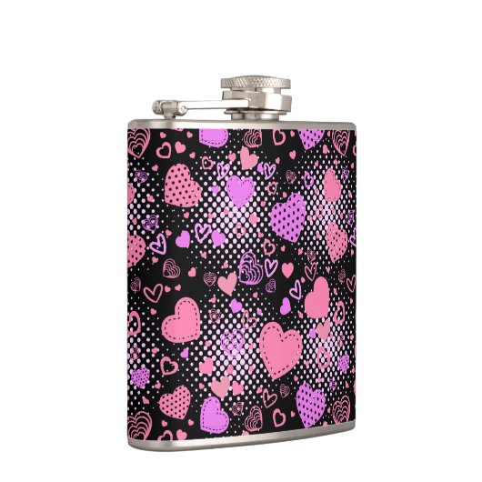 Roze hartenpatroon 01 zwarte BG Heupfles (Rechts)