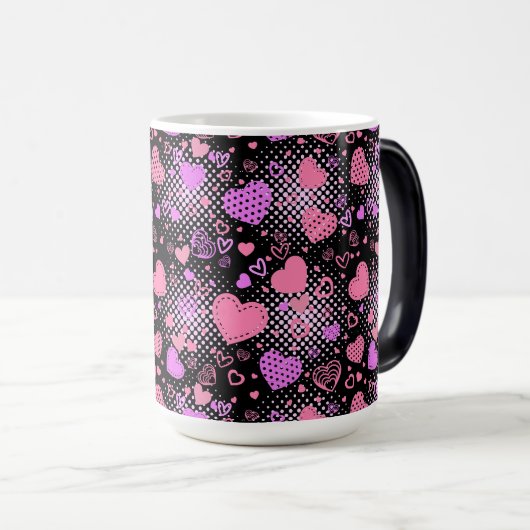 Roze hartenpatroon 01 zwarte BG Magische Mok (Voorkant rechts)