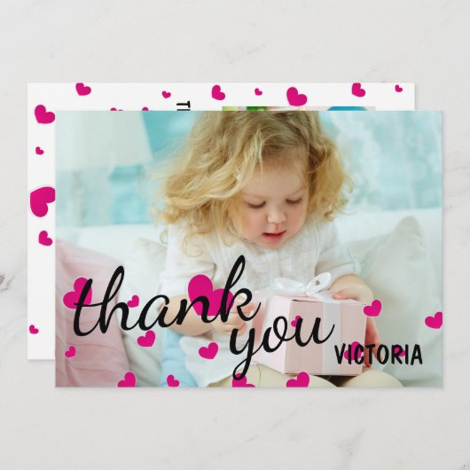 Roze hartfoto's - Hartelijk dank voor uw platte ka Kaart (Voorkant / Achterkant)
