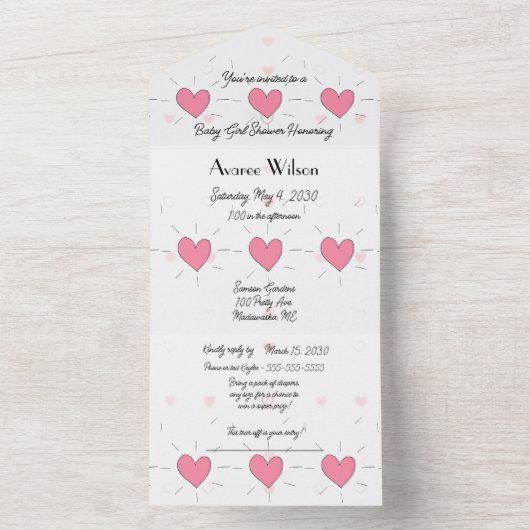 Roze Hartjes Baby Shower Uitnodiging (Binnen)