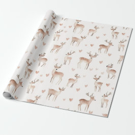 Roze Hartjes Crème Herten Kerst Cadeaupapier