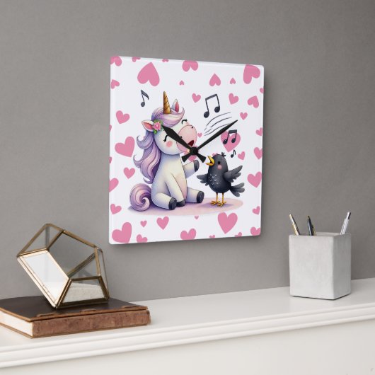 Roze Hartjes Eenhoorn Vierkante Klok (Kantoor)