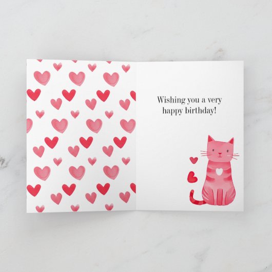 Roze Hartjes Kitty Kat Verjaardag Kaart (Binnen)