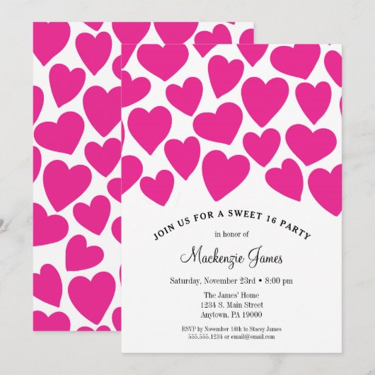 Roze Hartjes Sweet Sixteen Verjaardagsuitnodiging  Kaart (Voorkant / Achterkant)