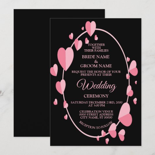 Roze Hartpatroon Zwart Geometrisch Elegant Huwelij Kaart (Voorkant / Achterkant)