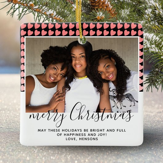 Roze hartritme Patroon Merry Kerstfoto Keramisch Ornament