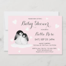 Roze hartritme Penguin Baby Shower Invitations