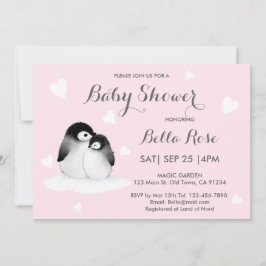 Roze hartritme Penguin Baby Shower Invitations