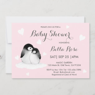 Roze hartritme Penguin Baby Shower Invitations