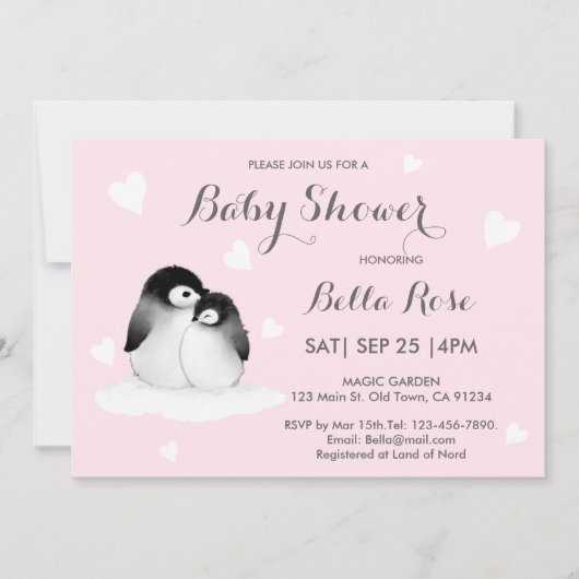 Roze hartritme Penguin Baby Shower Invitations (Voorkant)