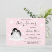 Roze hartritme Penguin Baby Shower Invitations (Staand voorkant)