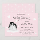 Roze hartritme Penguin Baby Shower Invitations (Voorkant / Achterkant)