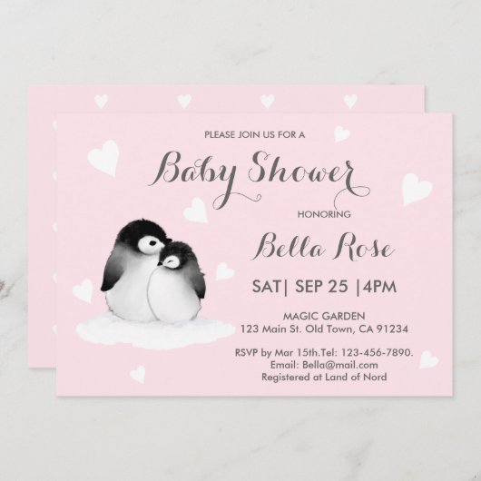 Roze hartritme Penguin Baby Shower Invitations (Voorkant / Achterkant)