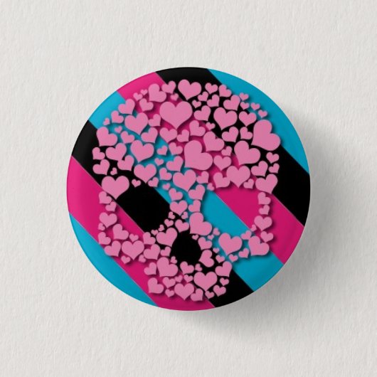 Roze hartschedel op strepen ronde button 3,2 cm (Voorkant)