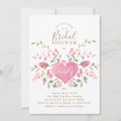Roze hartslag en bloemen Bridal Shower Uitnodiging (Voorkant)