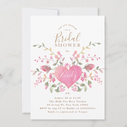 Roze hartslag en bloemen Bridal Shower Uitnodiging (Voorkant)