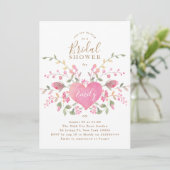 Roze hartslag en bloemen Bridal Shower Uitnodiging (Staand voorkant)