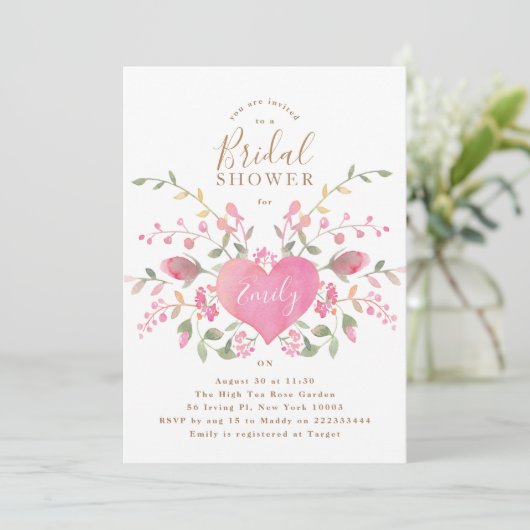 Roze hartslag en bloemen Bridal Shower Uitnodiging (Staand voorkant)
