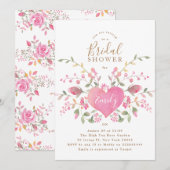 Roze hartslag en bloemen Bridal Shower Uitnodiging (Voorkant / Achterkant)