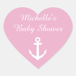 Roze hartvormige baby showers stickers met anker