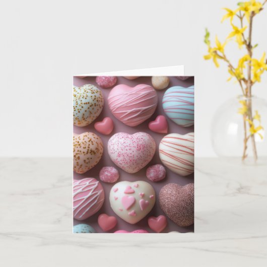 Roze Hartvormige Candys Valentijnse Groet Kaart (Gele Bloem)