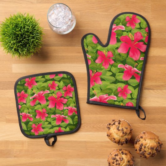 Roze Hawaiaanse Hibiscus Bloem Patroon Ovenwant & Pannenlap Set (Top down)