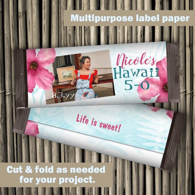 Roze Hawaii 5-0 50e verjaardag Snoep Bar Wrapper (pink turquoise hawaii 5-0 50th birthday party chocolate candy bar wrappers, personalized customized)