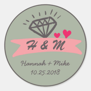 Roze Heart Diamond Wedding Favor Monogram Sticker