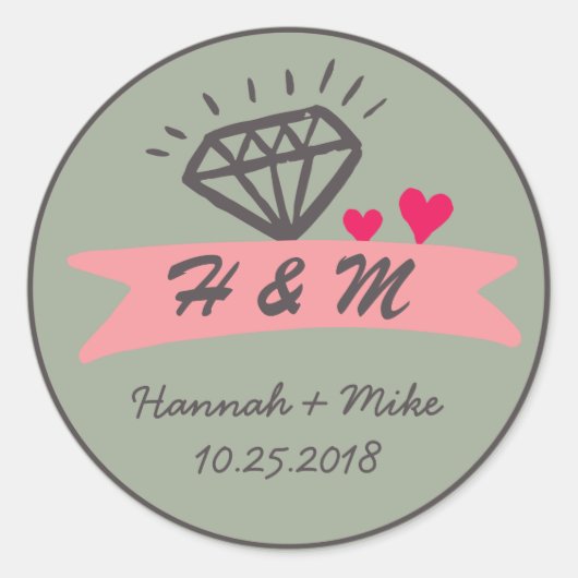 Roze Heart Diamond Wedding Favor Monogram Sticker (Voorkant)