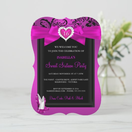 Roze Heart Sweet 16 Birthday Party High Heels Kaart (Staand voorkant)