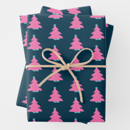 Roze Hedendaagse Kerstbomen op Navy Blue Inpakpapier Vel