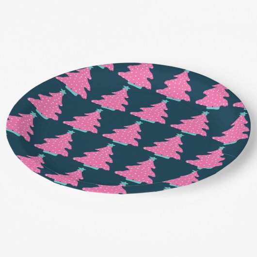 Roze Hedendaagse Kerstbomen op Navy Blue Papieren Bordje (Gekanteld)