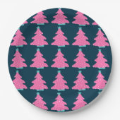 Roze Hedendaagse Kerstbomen op Navy Blue Papieren Bordje (Voorkant)