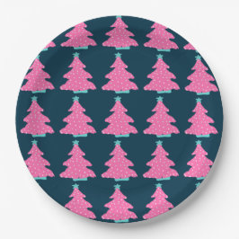 Roze Hedendaagse Kerstbomen op Navy Blue Papieren Bordje
