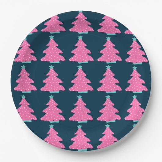 Roze Hedendaagse Kerstbomen op Navy Blue Papieren Bordje (Voorkant)