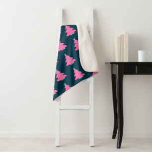 Roze Hedendaagse Kerstbomen op Navy Blue Sherpa Deken