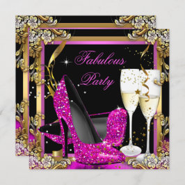 Roze Heels Gold Black Fabulous Champagne Party Kaart