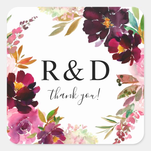 Roze- Heet & Blush & Paarse Bloemen Monogram Vierkante Sticker (Voorkant)