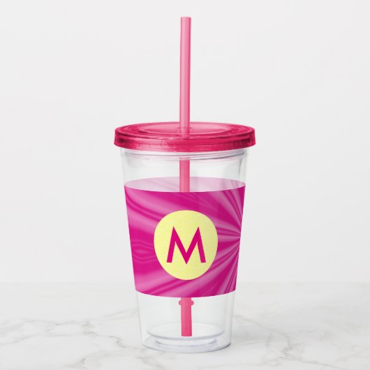 Roze Heet Heldere Sunburst Monogram Gele Cirkel Acryl Drinkbeker (Voorkant)