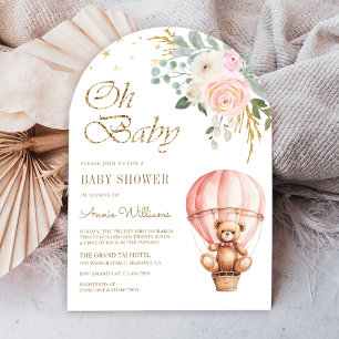 Roze Heet Luchtballon Teddybeer Boog Baby Shower Kaart