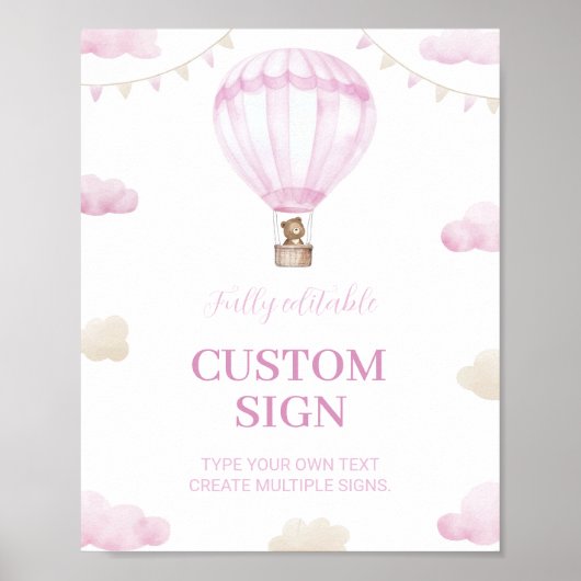 Roze Heet Luchtballon Verjaardag Aangepast Tafelbo Poster (Voorkant)