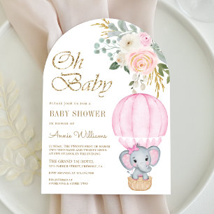Roze Heete Luchtballon Olifant Boog Baby Shower Kaart
