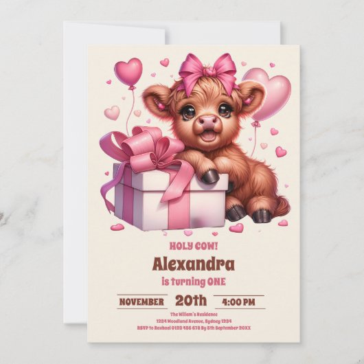 Roze Heilige Koe Hoogland 1e Verjaardag Kaart (Voorkant)